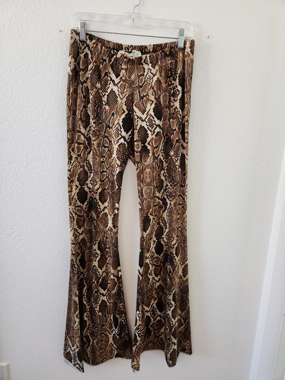 Three Bird Nest Cher Snake Print Raw Hem Flare Pants, Size XL